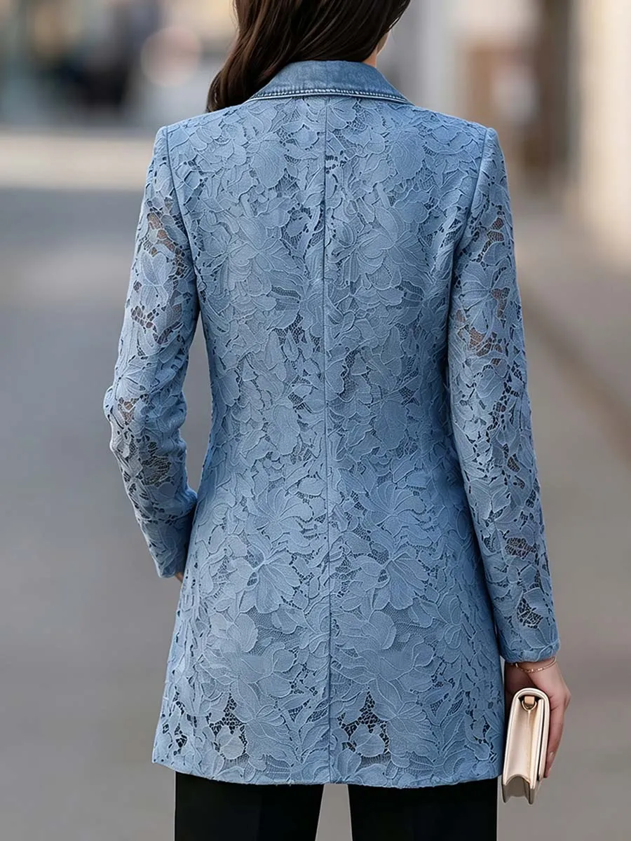 Women S Long-sleeved Patchwork Lace Jacket With Lapel