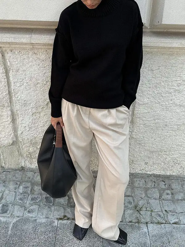 Paneled High Neck Long Sleeve Relaxed Fit Easy Fit Pullover Sweater