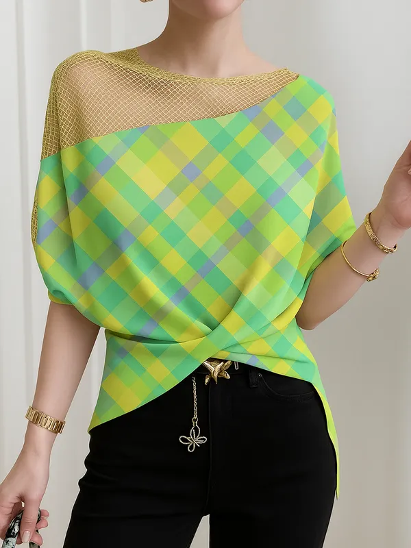 Half Sleeve High Low Contrast Knot Panel Detail Round Neck T-Shirt