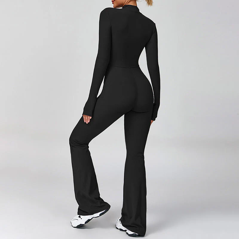 Half Zip Long Sleeve Flared Yoga Jumpsuit Set