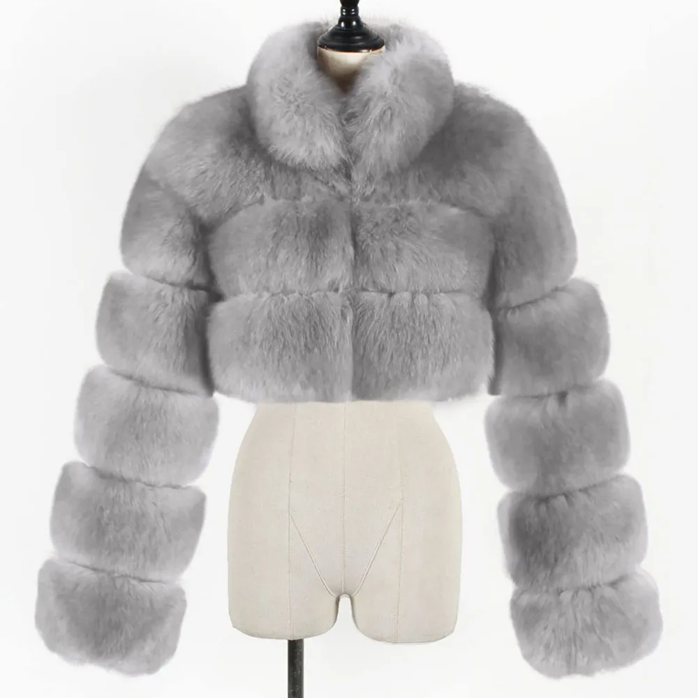 X1-Gray Faux Fur Coat Women with Hood Cropped Bubble Coats Fleece Short Warm Jackets Plus Size Winter Coats for Women