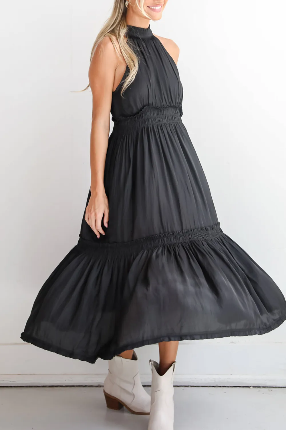 Black Satin Midi Dress