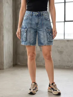 Women's Modern High-Waisted Distressed Cargo Denim Shorts