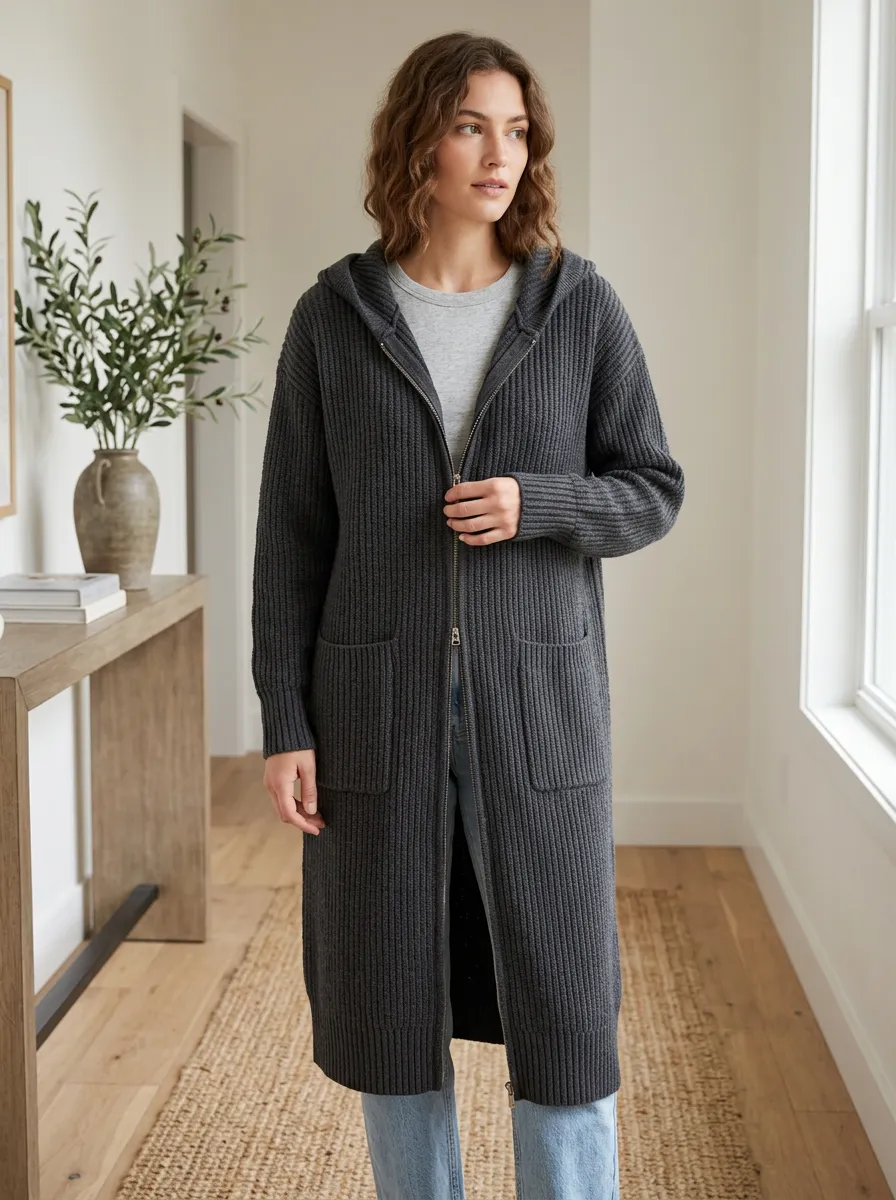 Hooded Zip-Front Ribbed Knit Long Cardigan