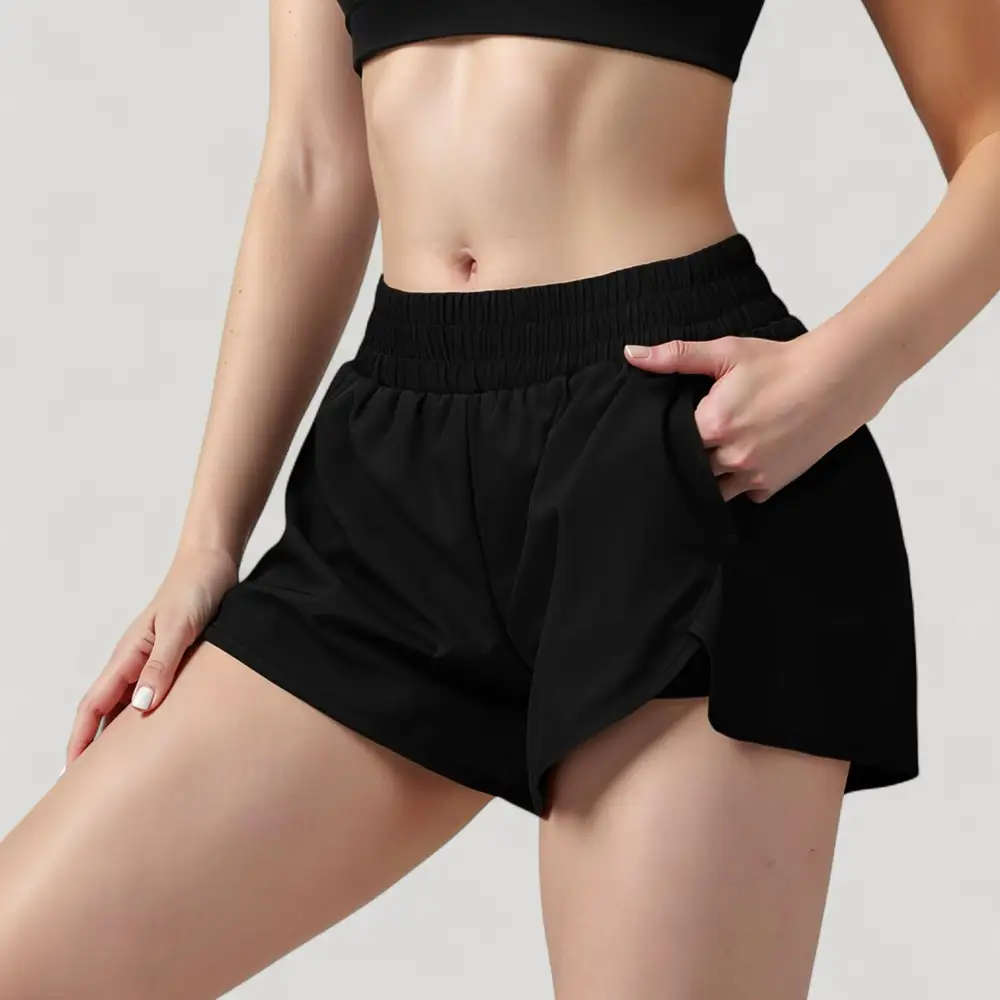 High-Waist Elastic-Waist Built-In-Liner Side-Pocket Running Shorts