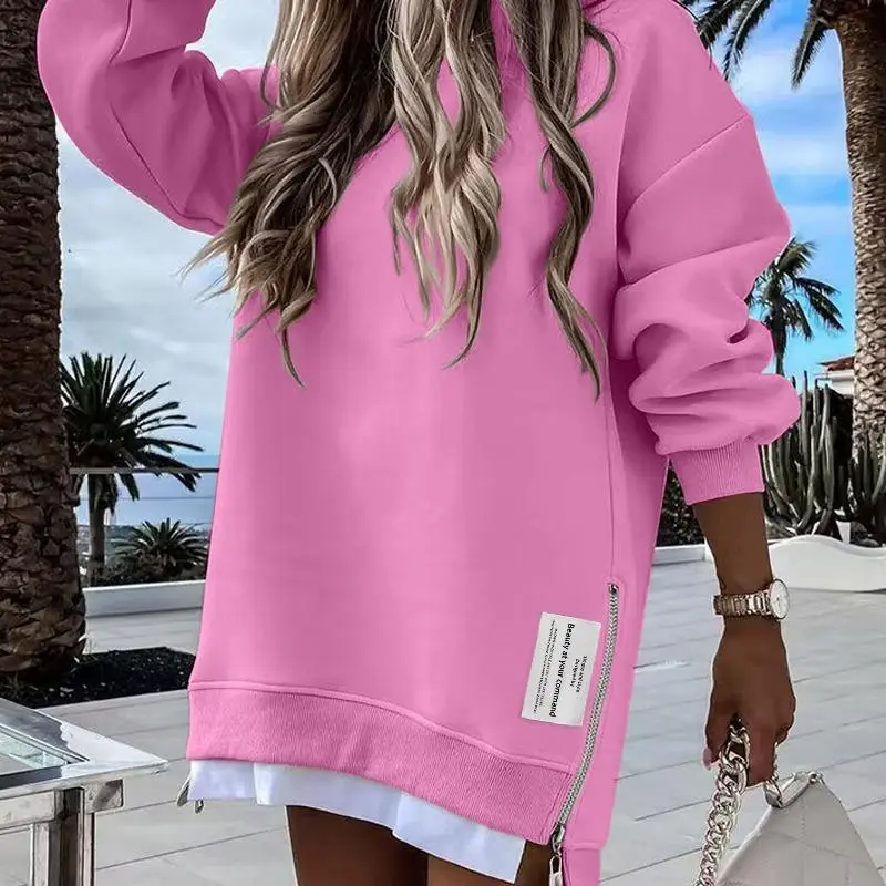 Women's Long Sleeve Pullover Sweatshirt Zipper Slit Casual Dress Drop Shoulder Oversized Outfits