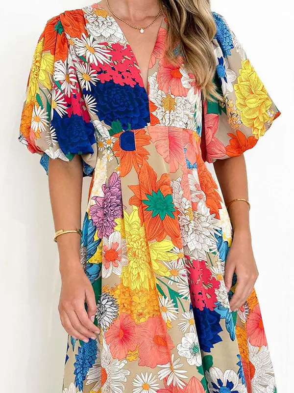 Print Pleated Neck Maxi Dress