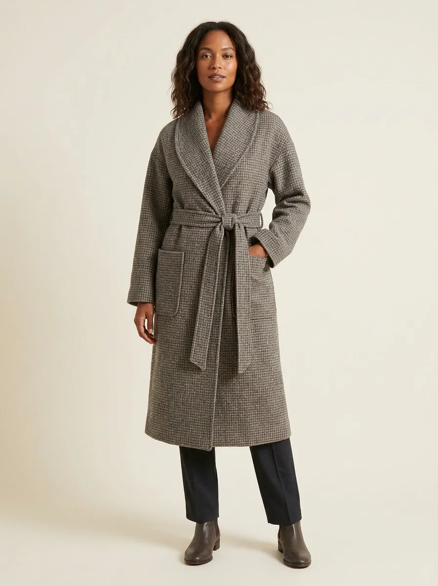 Women's Classic Houndstooth Pattern Belted Wool Blend Coat