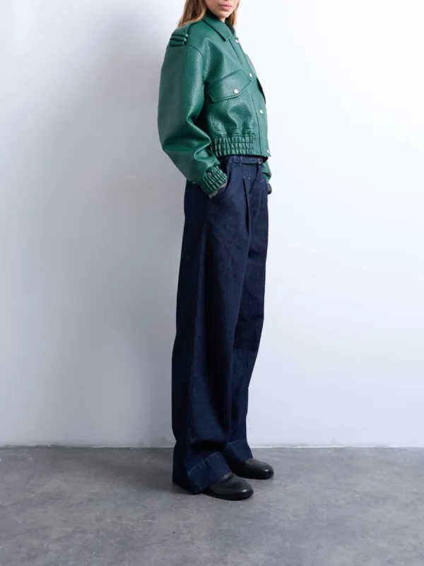 Textured Epaulet Ruched Leather Jacket