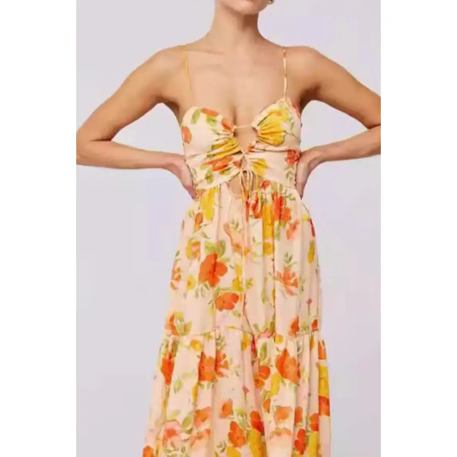 Floral Print Tie Front Tiered Maxi Dress