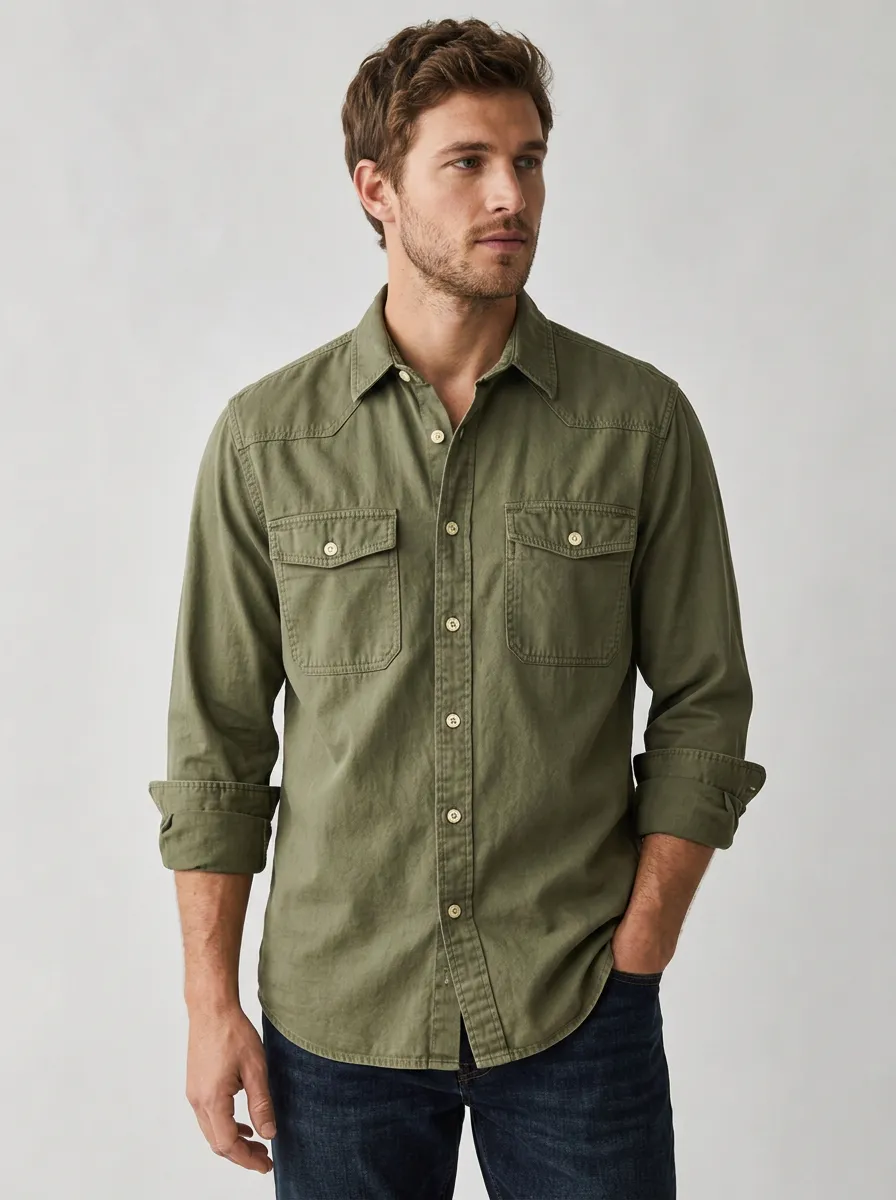Men's Casual Outdoor Olive Green Button Down Utility Shirt