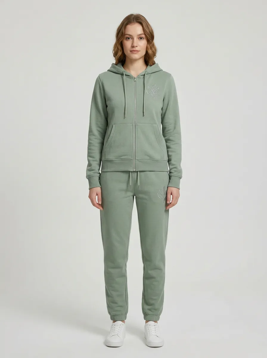 Women's Sage Green Elastic-Waist Joggers Zip-Up Hoodie Jacket & Jogger Set