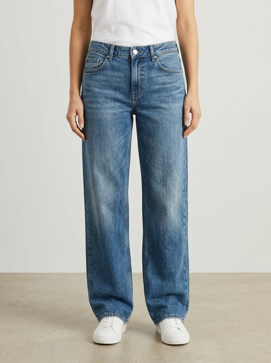 Women's Mid-Rise Contrast-Stitch Washed Wide-Leg Denim Jeans