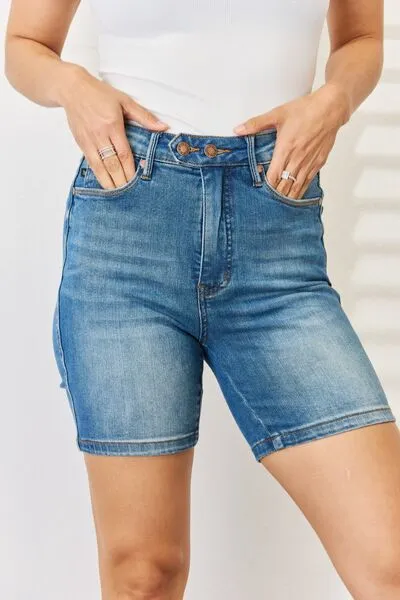 Tummy Control Button Bermuda Shorts Denim Pants