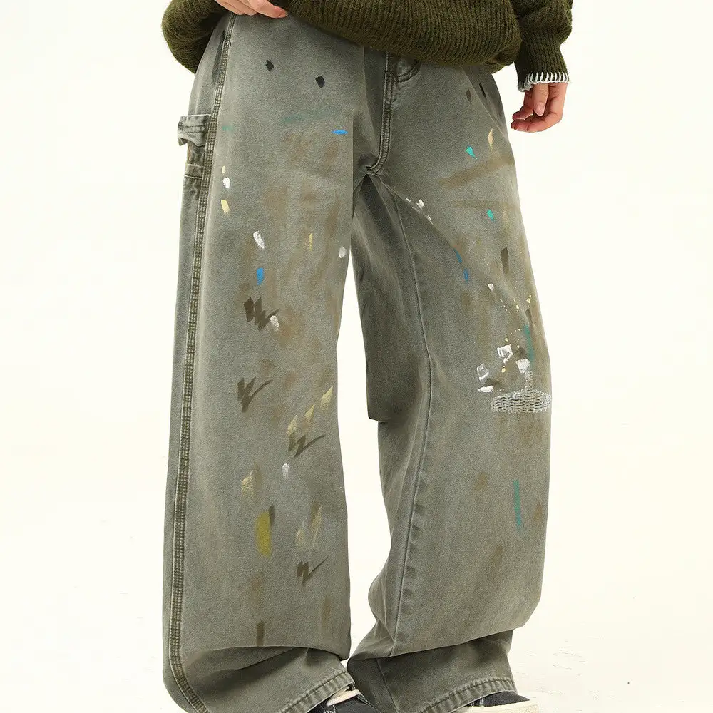 Distressed Splash Print Wide Leg Jeans