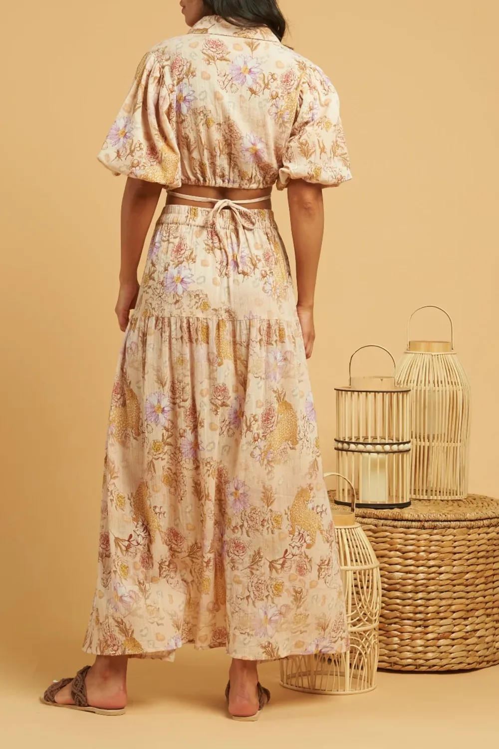 Beige And Brown Paisley Print Maxi Skirt