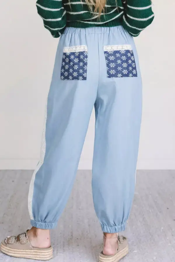 Lace Accent Floral Patched Pocket Pleated Wide Leg Slouchy Pants