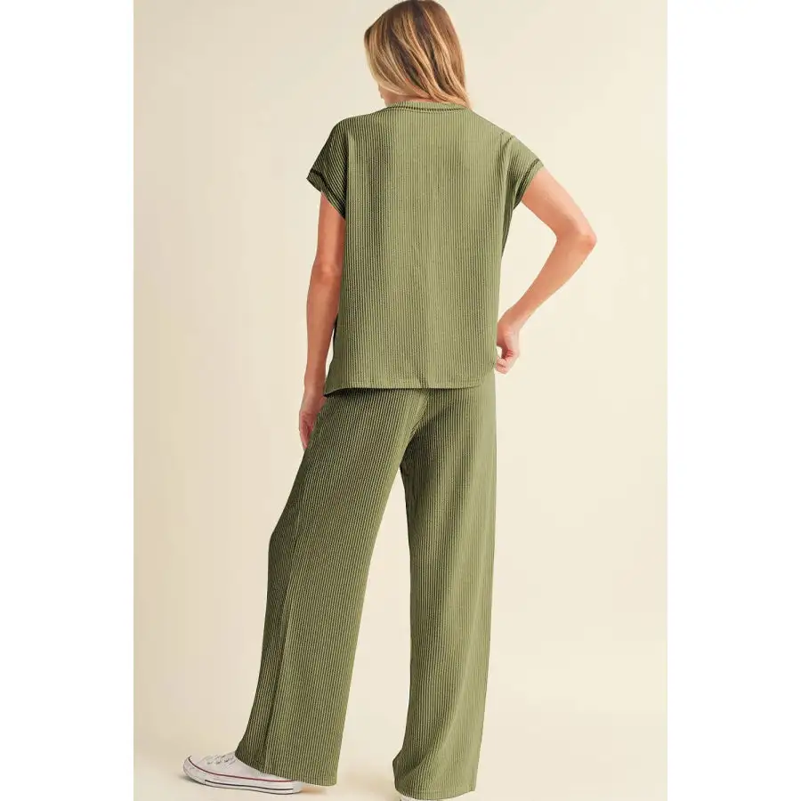 Solid Corded Short Sleeve Top and Casual Pants Set