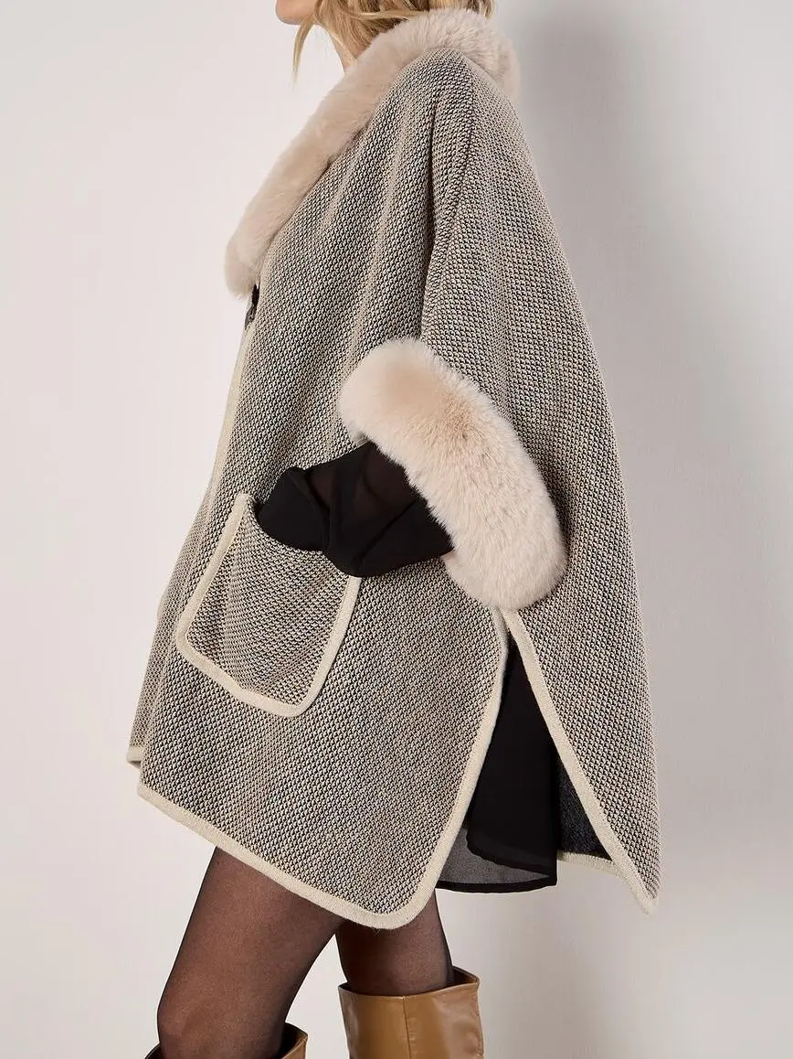 Texture Faux Fur Lined Cape