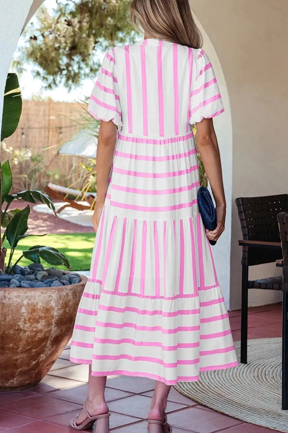 Striped Split Neck Short Sleeve Dress Casual