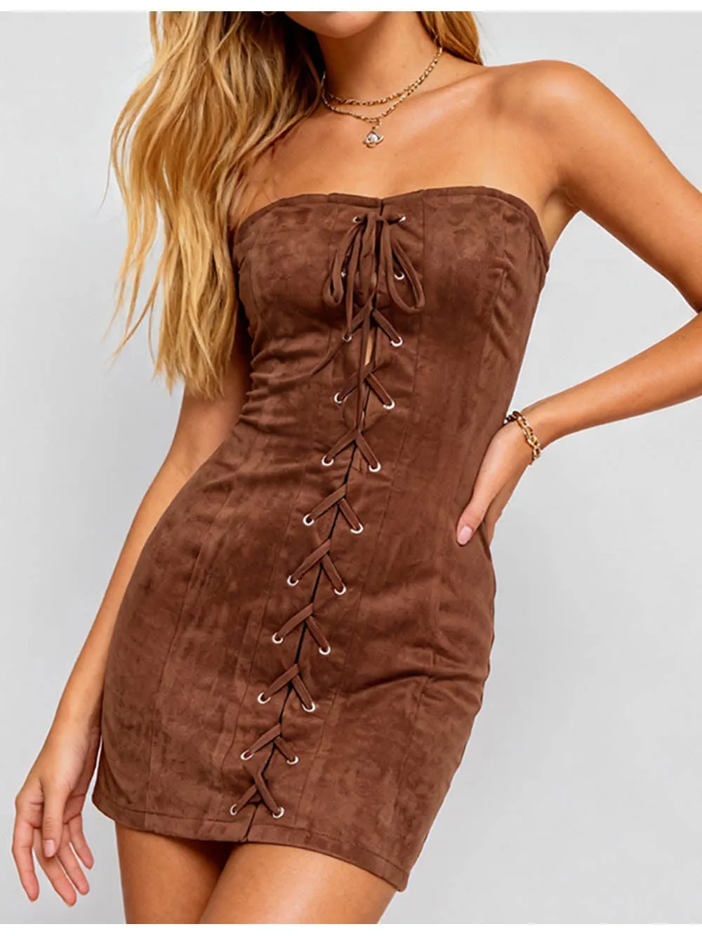 Faux Suede Cross Lace Up Bodycon Tube Mini Dress