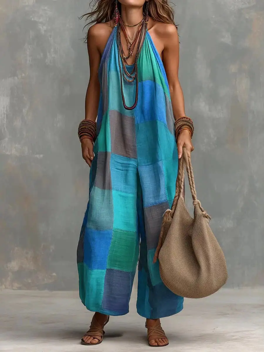 Loose Sleeveless Contrast Color Plaid Halter Neck Jumpsuits