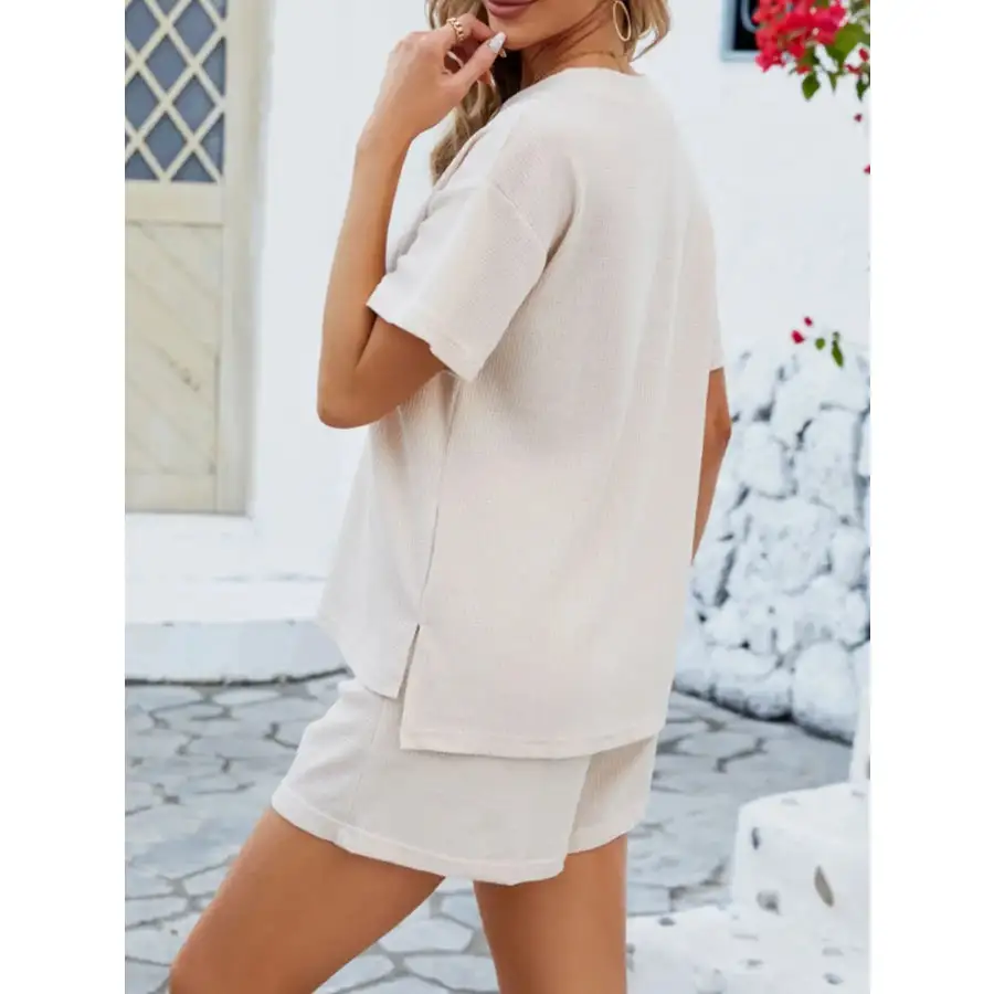 Casual Button Detail Ribbed Top and Shorts Two Piece Set