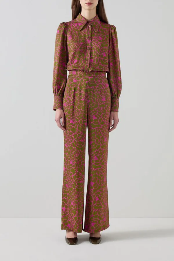 Pink Patterned Long Sleeve Button Down Blouse