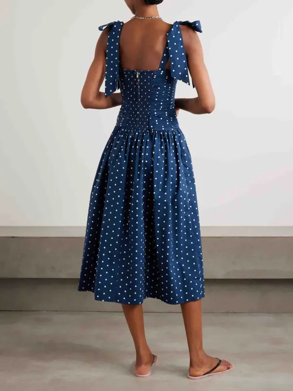 Retro Lace Up Pleated Polka Dot Midi Dress