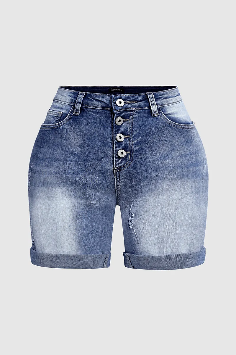 Button Fly Ripped Denim Shorts Without Belt