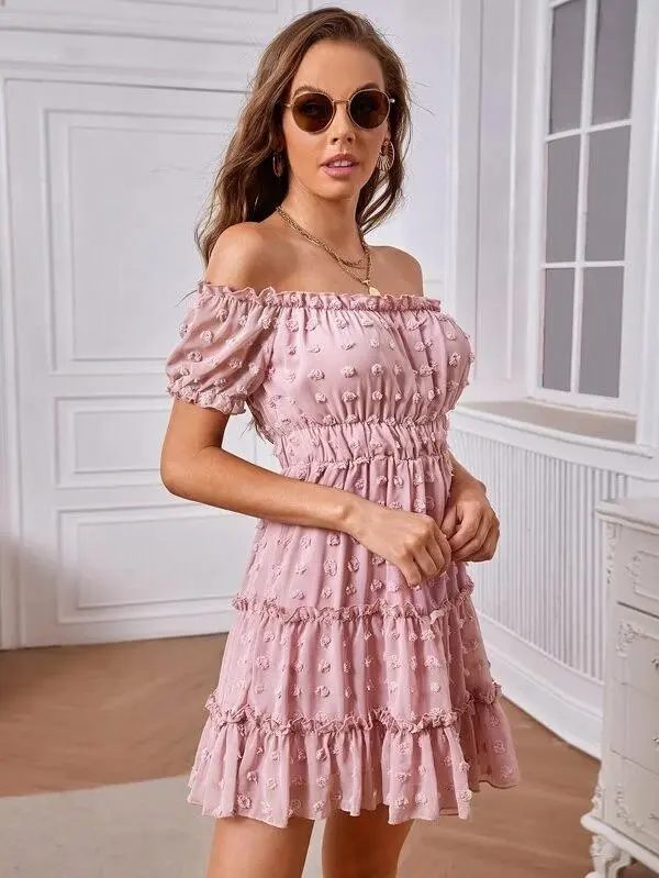 Women Swiss Dot Off Shoulder Dress