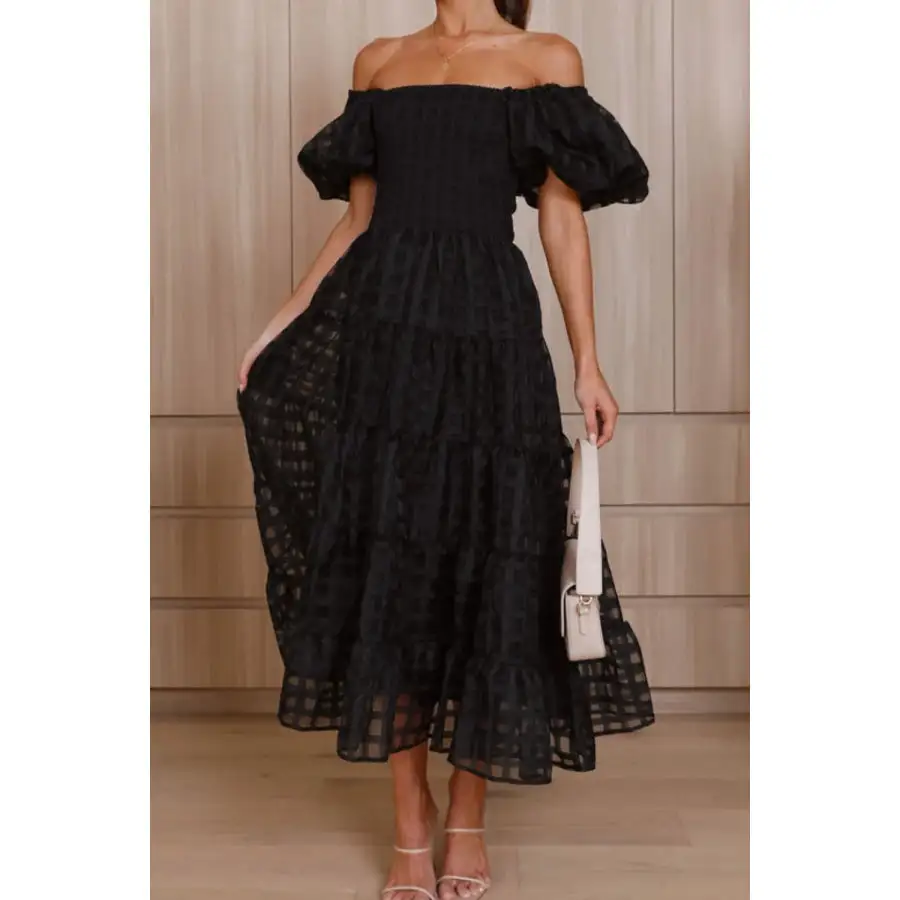 Off Shoulder Short Puff Sleeve Midi Dress