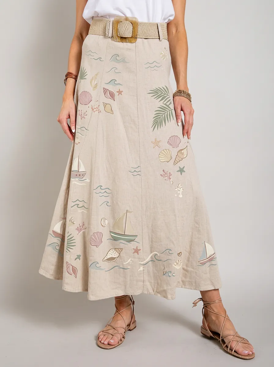 Women's Coastal Nautical Seashell Sailboat Printed Skirt
