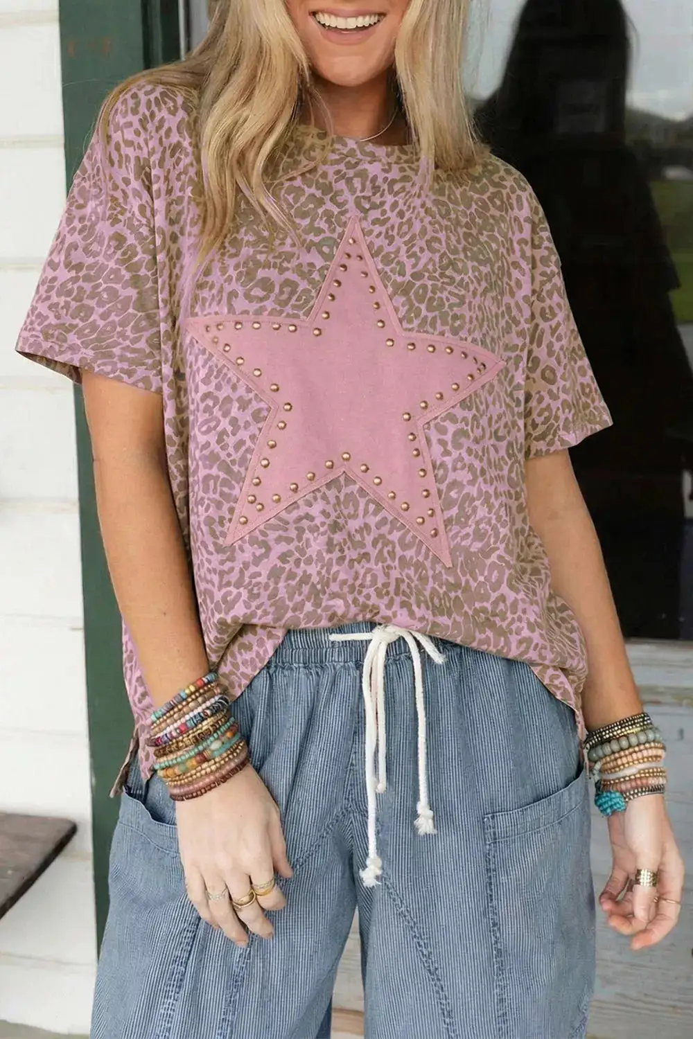 Leopard Print Star Studded T Shirt