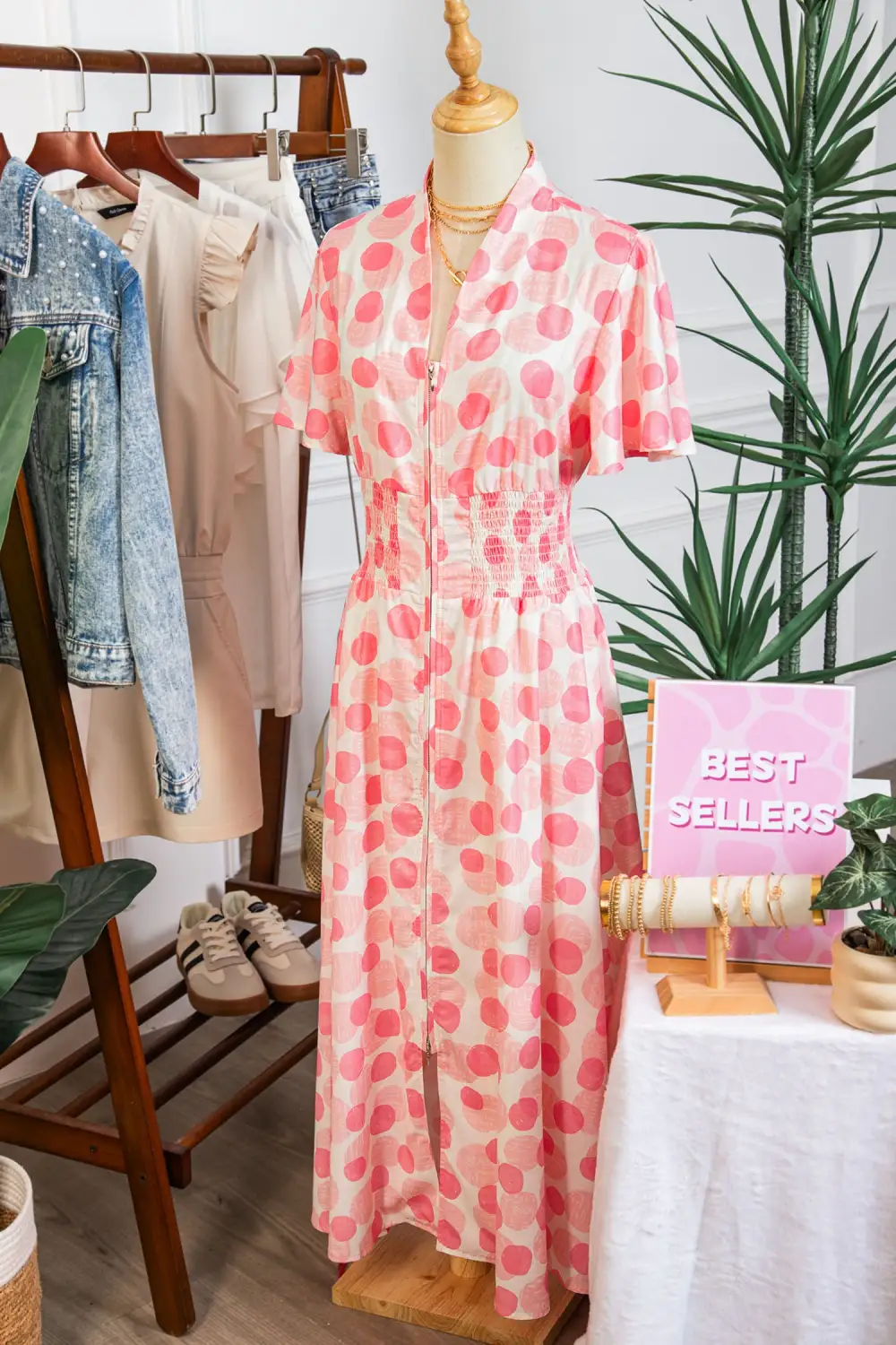Polka Dot Printed Zip Front Dress Casual