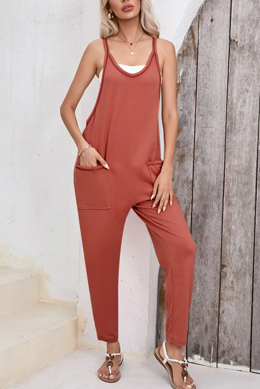 Side Pockets Harem Sleeveless V Neck Pants