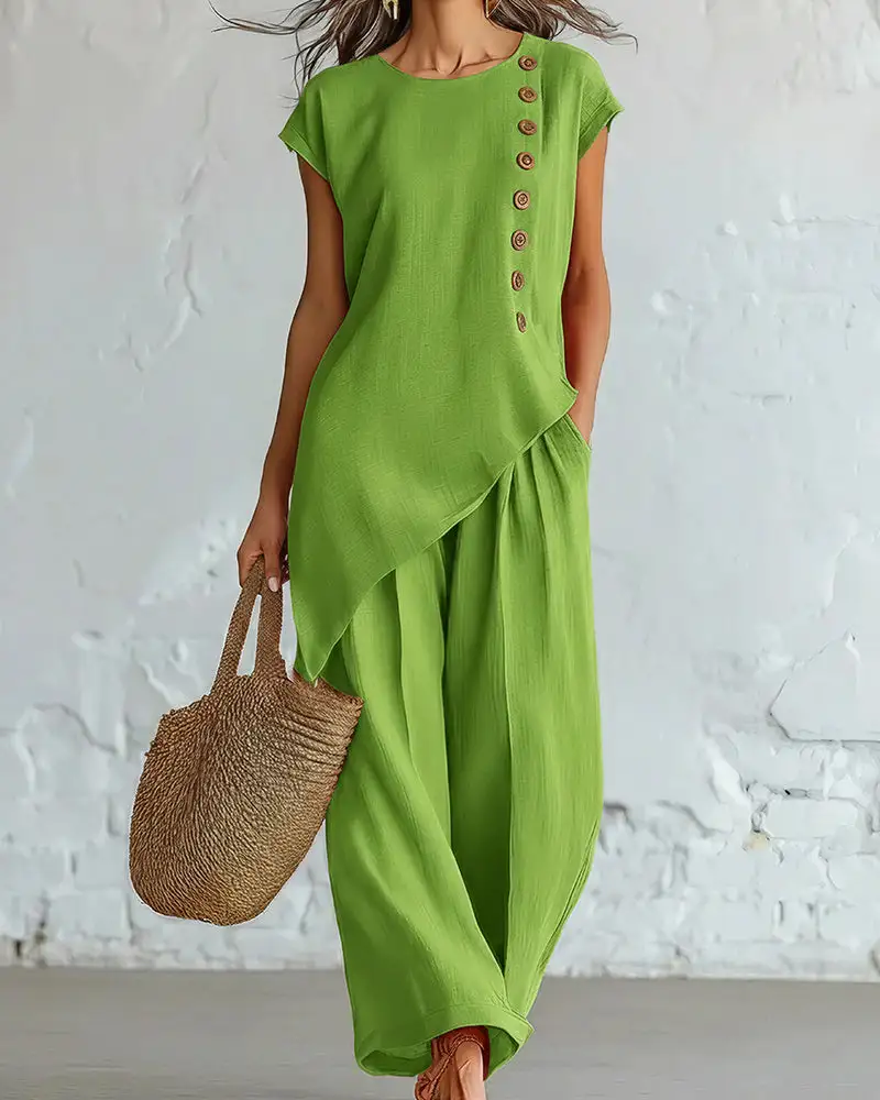 Asymmetrical Button Top and Wide-Leg Pants Lounge Set