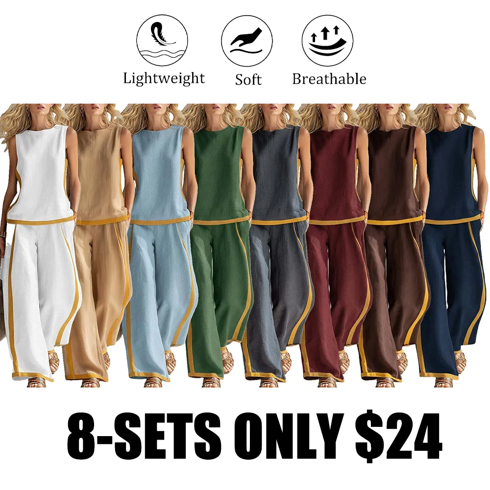 Linen Blend 2-Piece Set for Women Sleeveless Color Block Top Wide Leg Pants Set