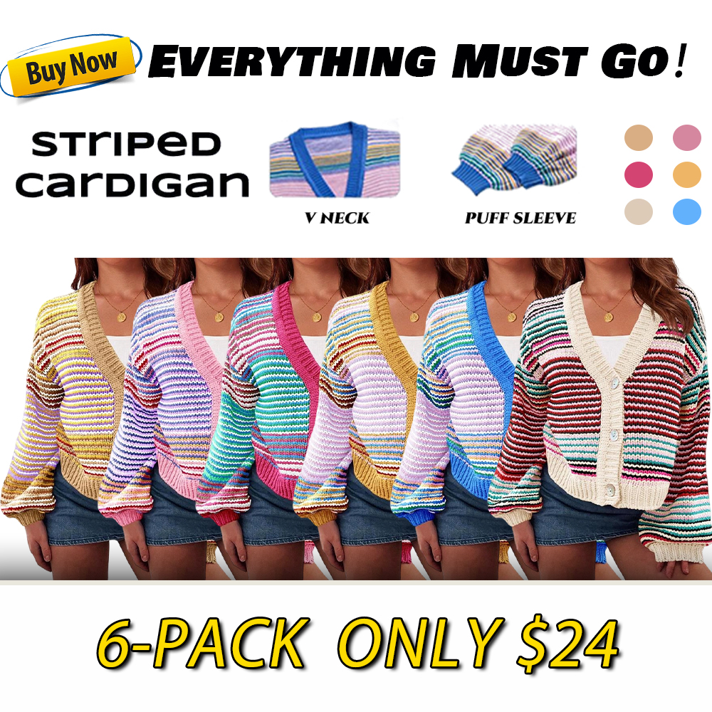 Womens Striped Cardigan Sweaters Oversized Puff Sleeve Button Up V Neck Color Block Knit Sweater Coat