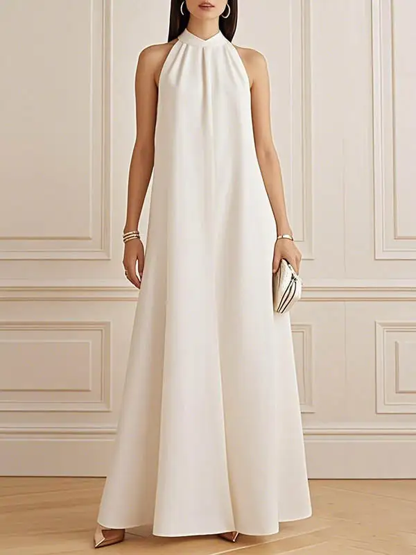 Loose Mock Pleated Neck Maxi Dress
