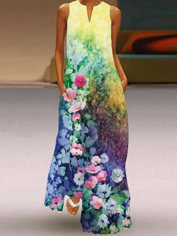 Print Neck Maxi Dress