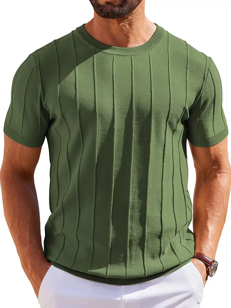 Casual Short Sleeve Ribbed Knit Pullover Tee