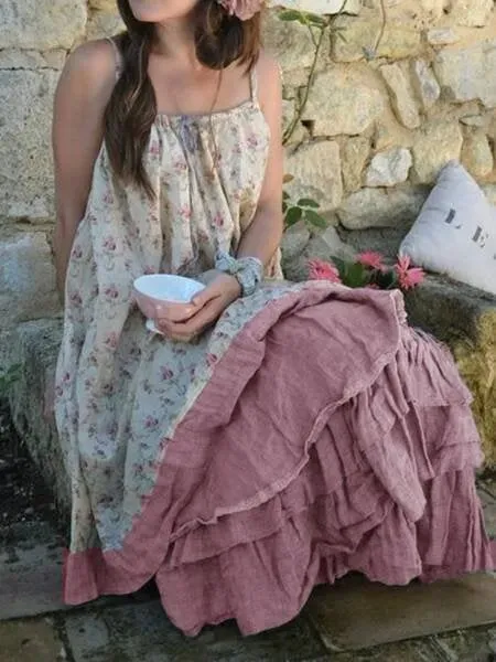 Boho Floral Printed Spaghetti-Strap Sundresses Maxi Weaving Dress