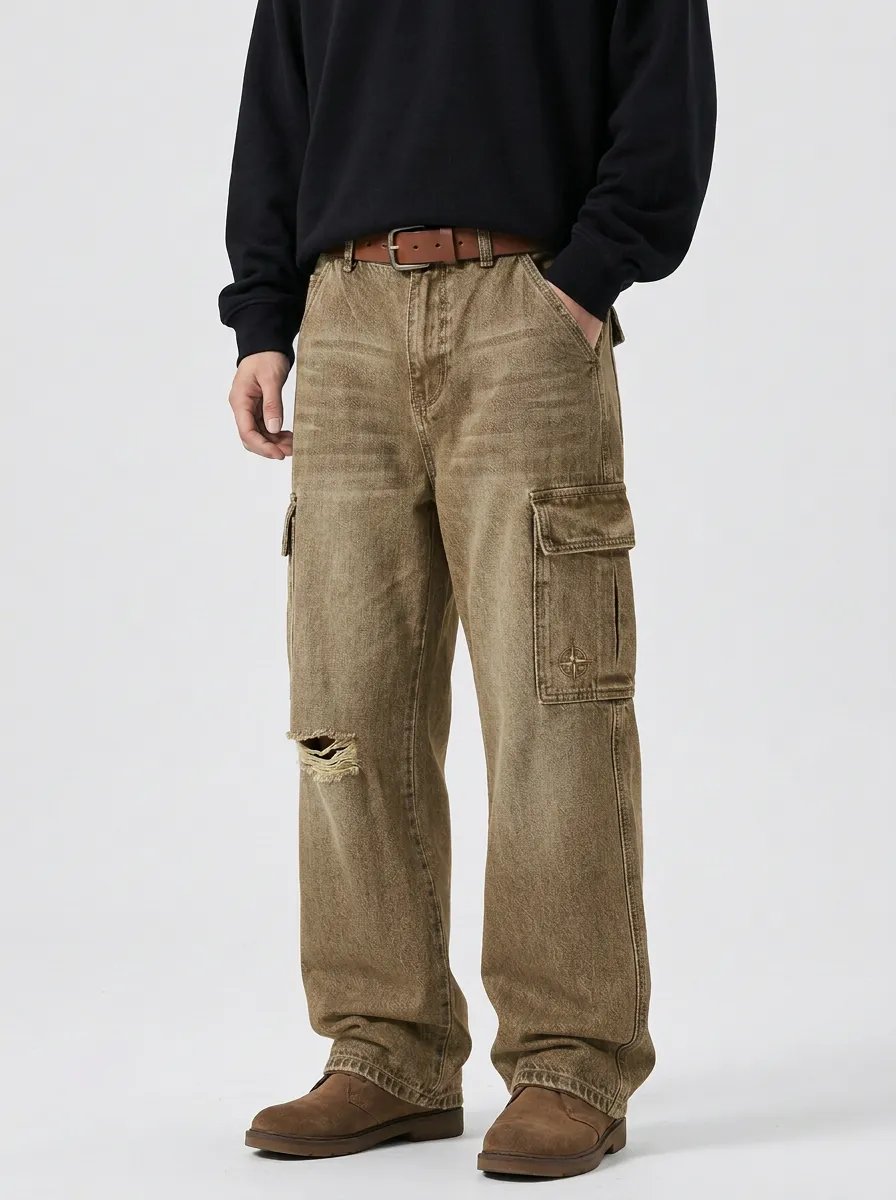 Men's Vintage Distressed Compass Patch Printed Cargo Pants
