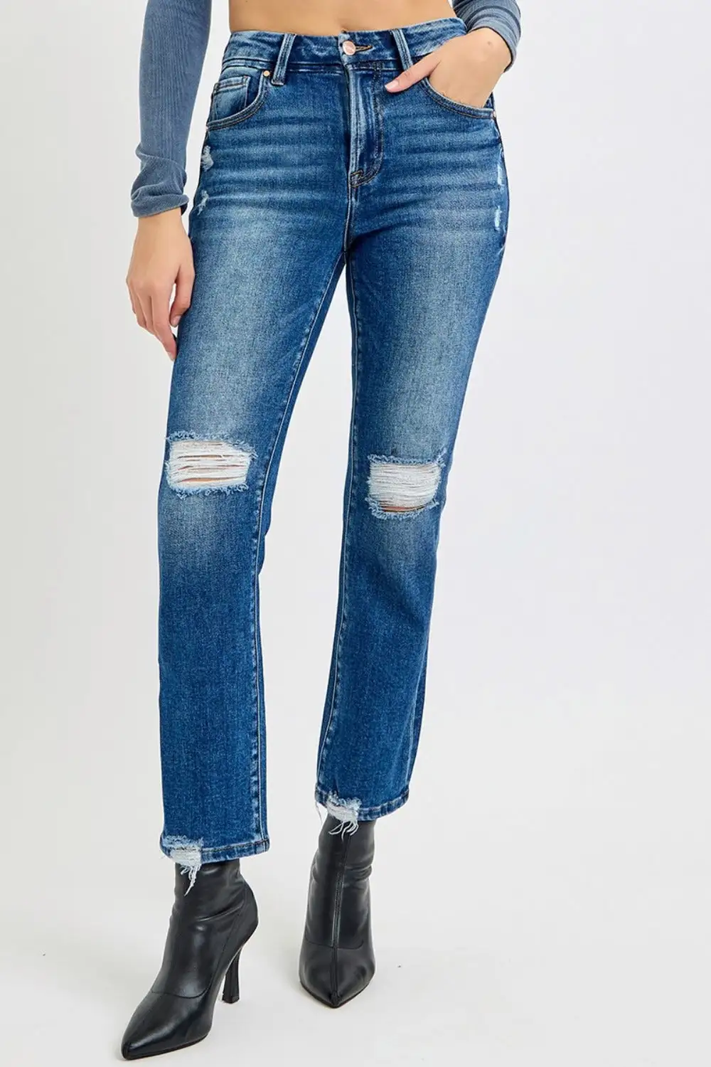 Easy High Waist Straight Leg Distressed Denim Jeans