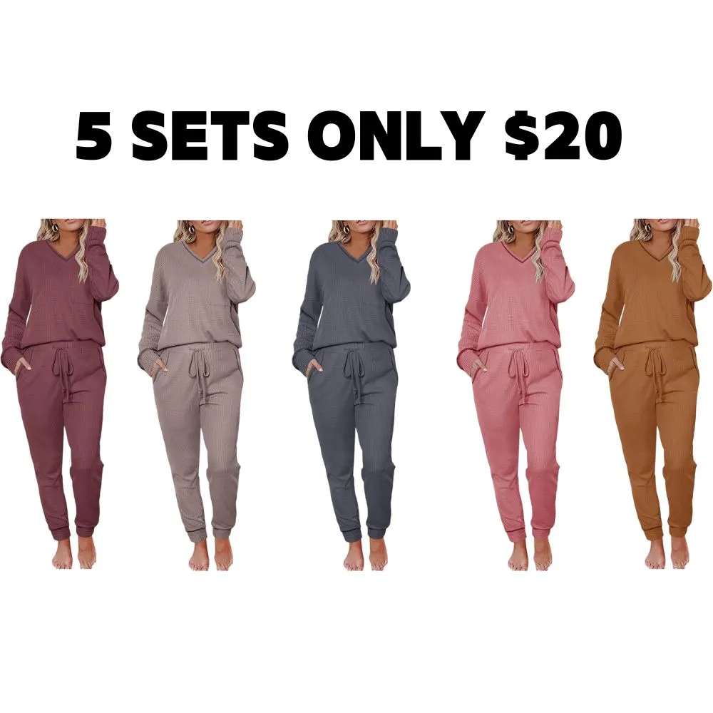 Women's Long Sleeve Knit Loungewear Set Jogger Pants Outfit