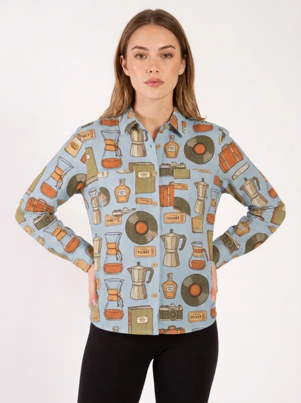 Women's Vintage Hobby Coffee Vinyl Camera Printed Shirt