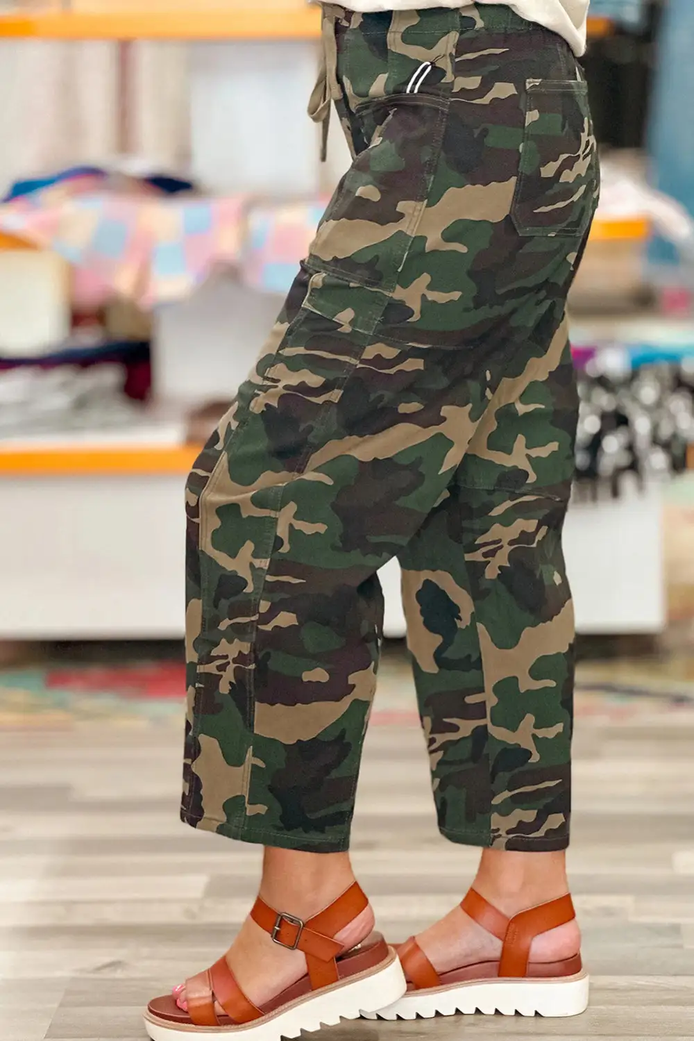 Barrel Drawstring Patch Pocket Print Camouflage Jeans