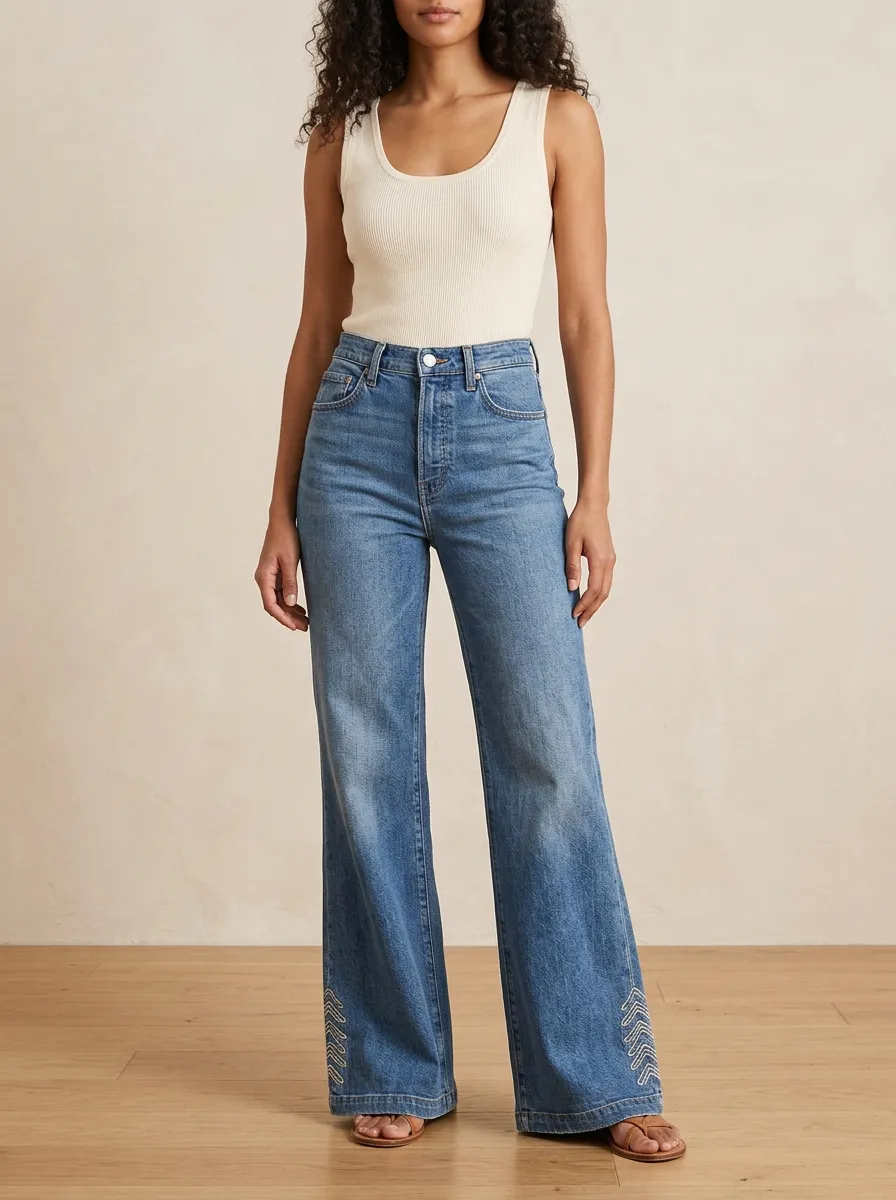 Women's Chevron Embroidered Print Wide-Leg Jeans