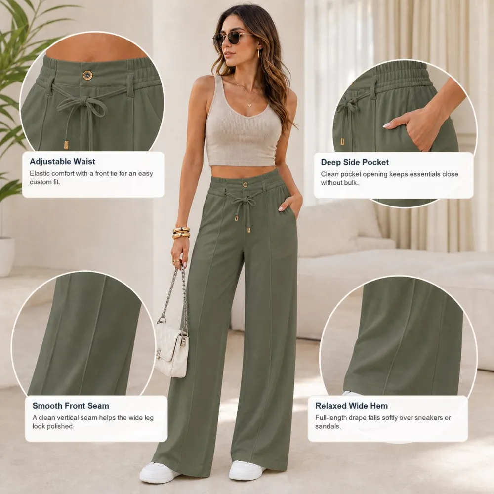 Women’s High Waisted Wide Leg Pants With Drawstring Waist Soft Lightweight Casual Trousers For Everyday Wear